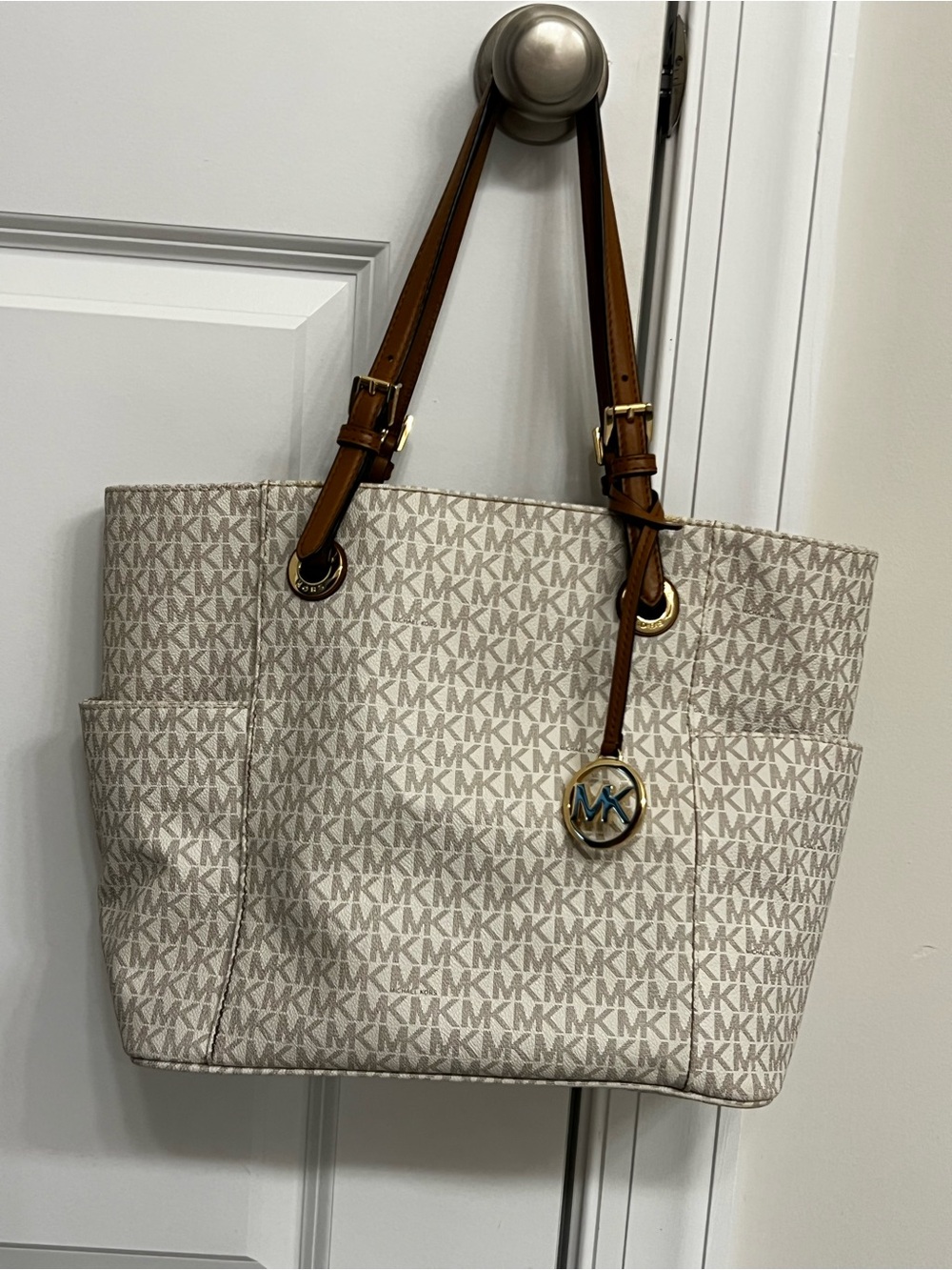 MICHAEL Michael Kors Beige MK Logo Tote with Brown Leather Straps